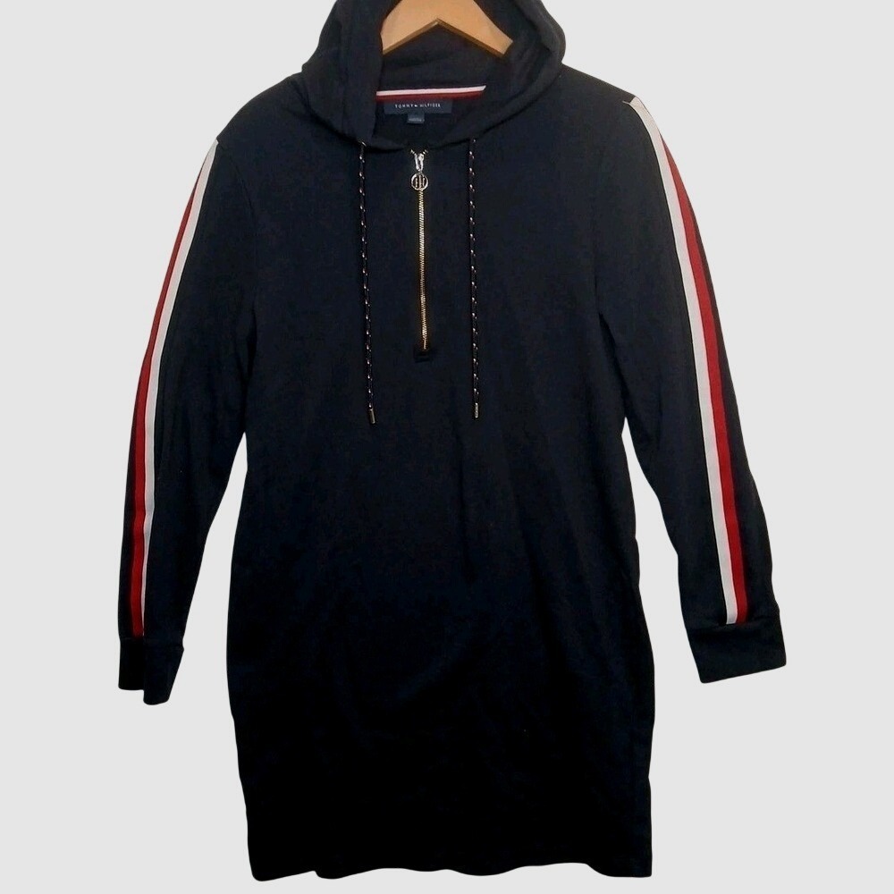 Tommy Hilfiger Womens Navy Blue Quarter Zip Hoodie Dress Stripe Sleeve Small